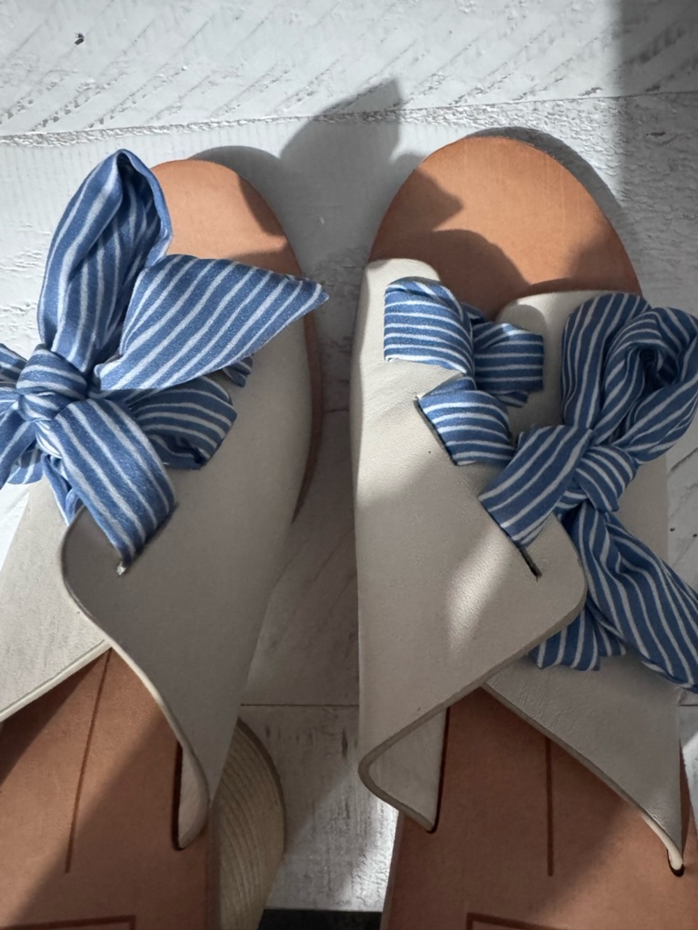 Dolce Vita Cream Slide Mules with Blue Striped Bow - Picture 4 of 4